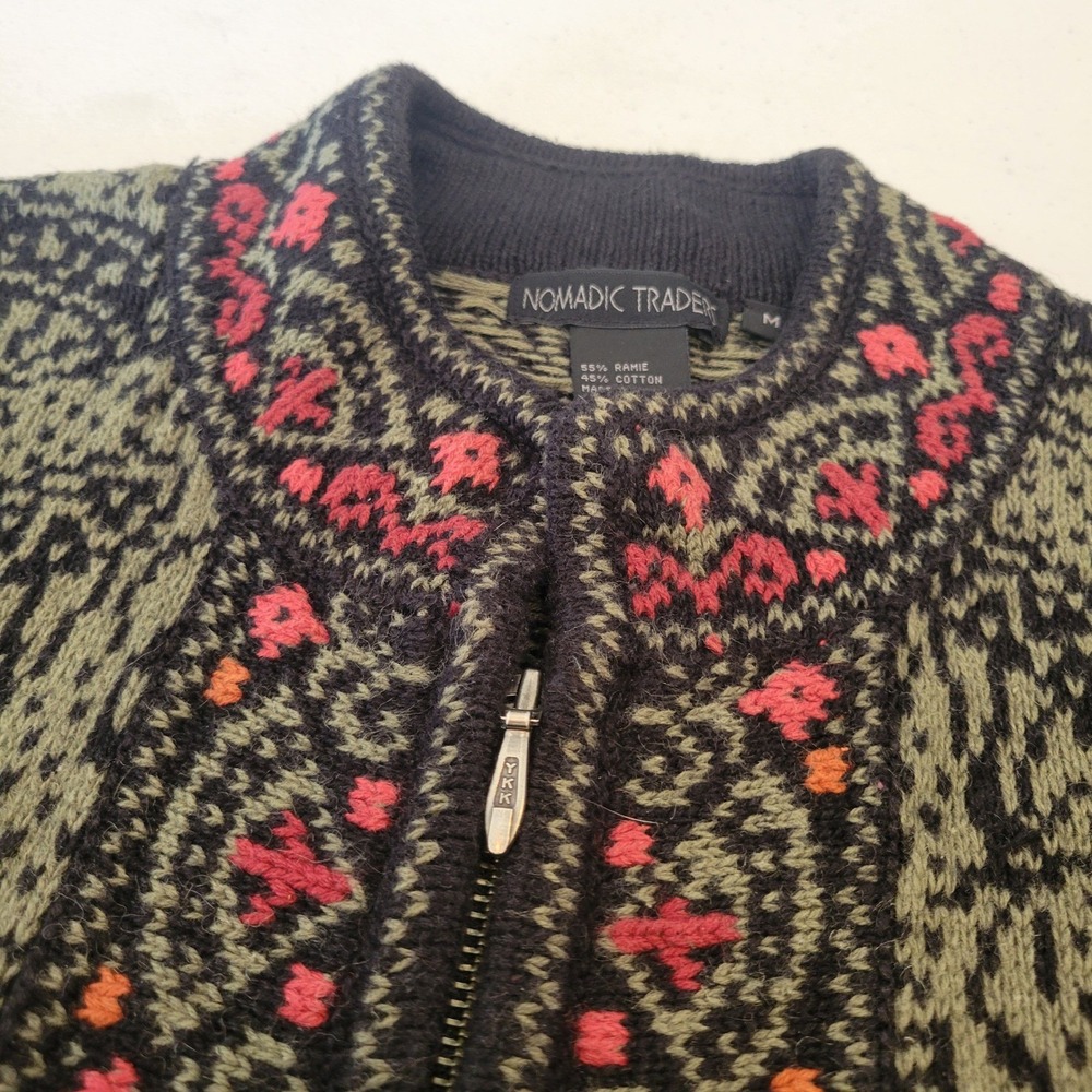 Nomadic Traders Womens M Full Zip Cardigan Sweater Olive Green Ramie Cotton Knit